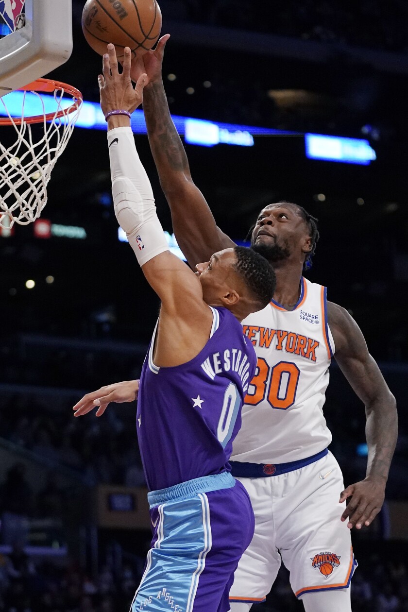 The Lakers' Russell Westbrook shoots against the Knicks' Julius Randle.