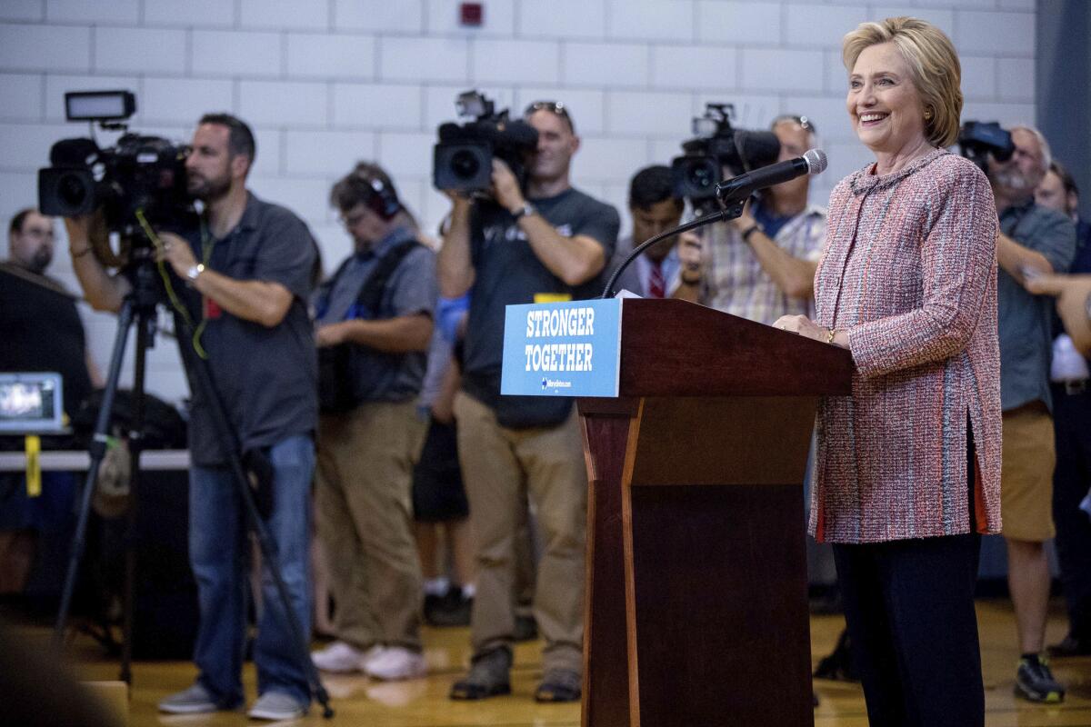 Democratic presidential candidate Hillary Clinton takes a question at a rally at the University of North Carolina, in Greensboro, N.C., on Sept. 15.