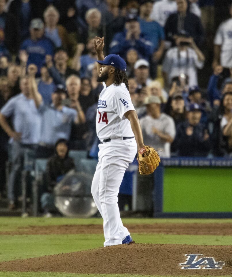 Dodgers relief pitcher Kenley Jansen gets the save in the Dodgers 3-0 win.