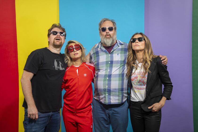 SAN DIEGO, CALIF. - JULY 20, 2019: Actor and co-creator Justin Roiland, actress Spencer Grammer, co-creator Dan Harmon, and actress Sarah Chalke, from the television series, "Rick and Morty," photographed at the L.A. Times Photo and Video Studio at Comic-Con International on Saturday, July 20, 2019 in San Diego, Calif. (Jay L. Clendenin / Los Angeles Times)