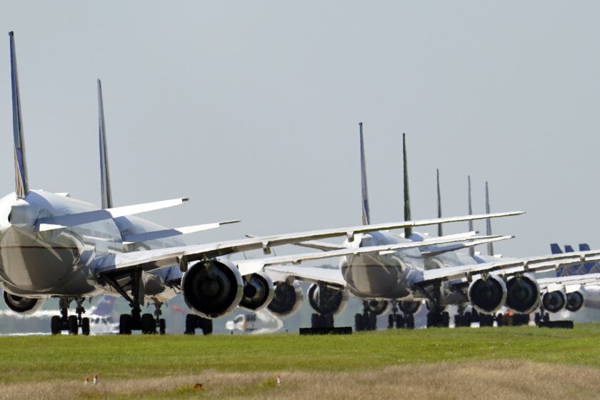 FILE - United Airlines planes are parked at George Bush Intercontinental Airport Wednesday, March 25, 2020. A United Airlines flight bound from Houston to Rio De Janeiro has returned to Bush Intercontinental Airport for an emergency landing shortly after takeoff, the airline said, Tuesday, March 28, 2023. (AP Photo/David J. Phillip, File)