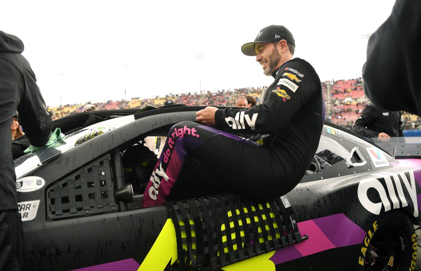 Jimmie Johnson, shown March 1 at Auto Club Speedway in Fontana, will be back in his familiar No. 48 Chevy on Sunday at Darlington (S.C.) Raceway as NASCAR resumes its season after a break of more than two months.