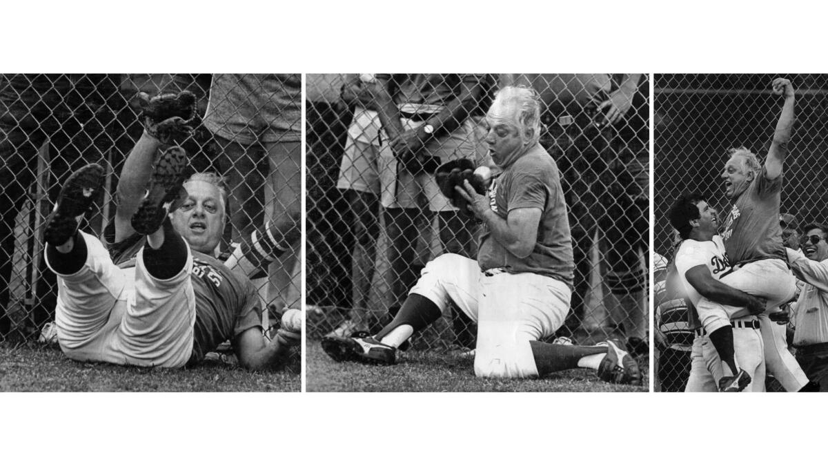 Feb. 22, 1984: The Dodger training camp challenge was for Tommy Lasorda to cleanly field 100 batted balls in a row. On the second attempt, Lasorda succeeded and is given a triumphant lift, right, by coach Mark Creese.
