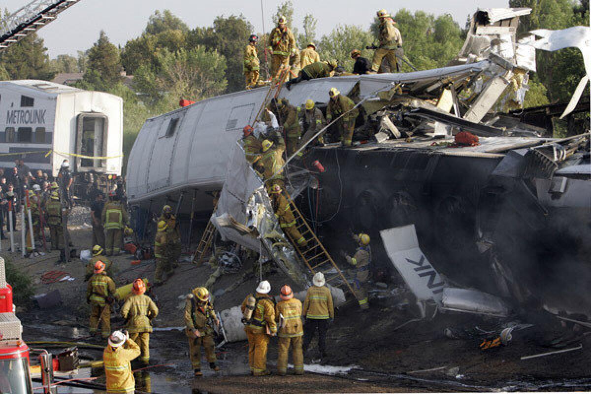 A Metrolink train and a freight train crash into each other in Chatsworth in 2008.