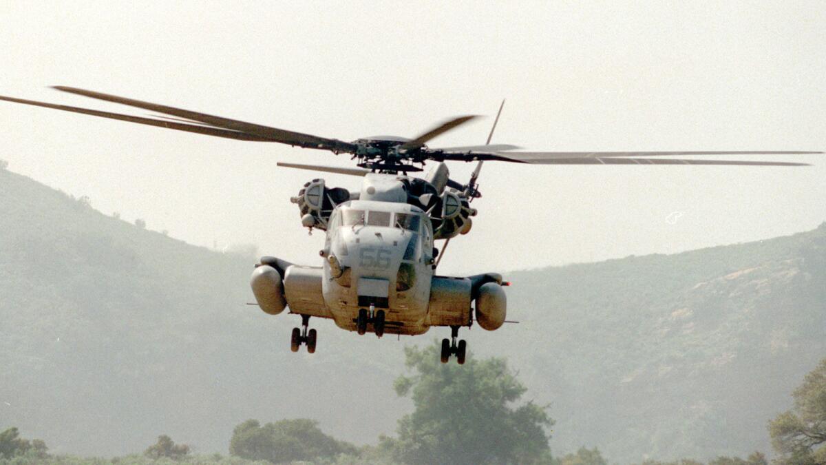A CH–53 helicopter flying from Tustin Marine Corps Air Station on April 3, 1996.