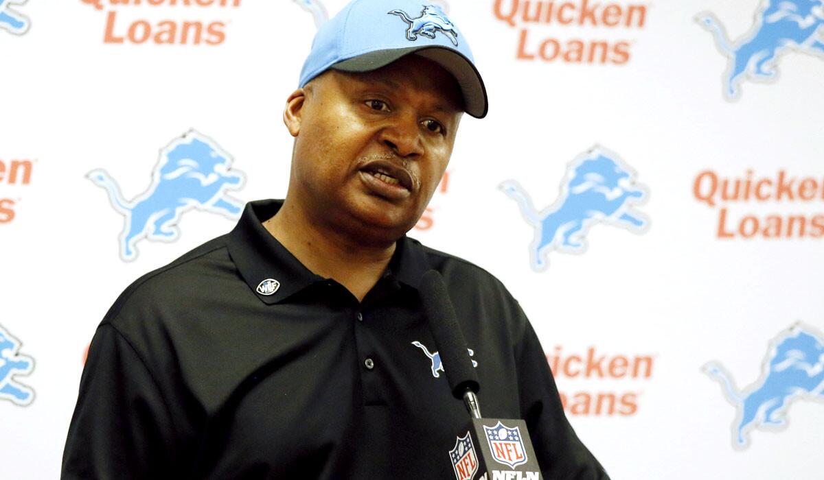 Lion Coach Jim Caldwell addresses reporters during a news conference on Sunday in Arlington, Texas.