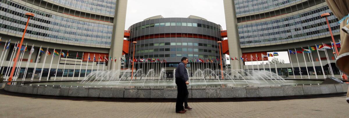 Outside view of the United Nations building where closed-door nuclear talks are taking place at the International Center in Vienna, Austria.