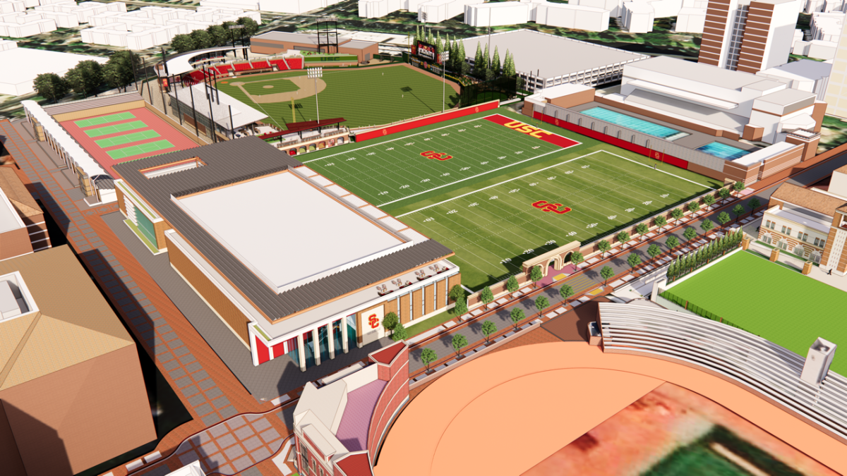 A conceptual artist sketch of the planned USC football performance center.