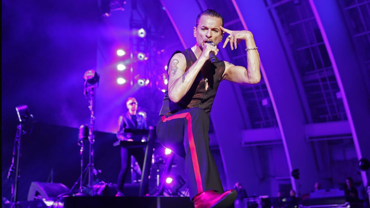 Depeche Mode frontman Dave Gahan and keyboard player Andy Fletcher perform on Thursday at the Hollywood Bowl, the first of four nights at the venue as part of their Global Spirit tour.