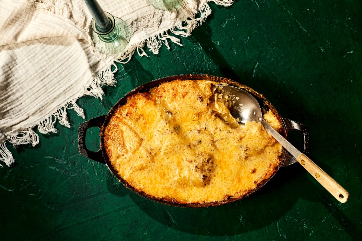 LOS ANGELES, CA - NOVEMBER 10, 2022: Potato gratin prepared by cooking columnist Ben Mims