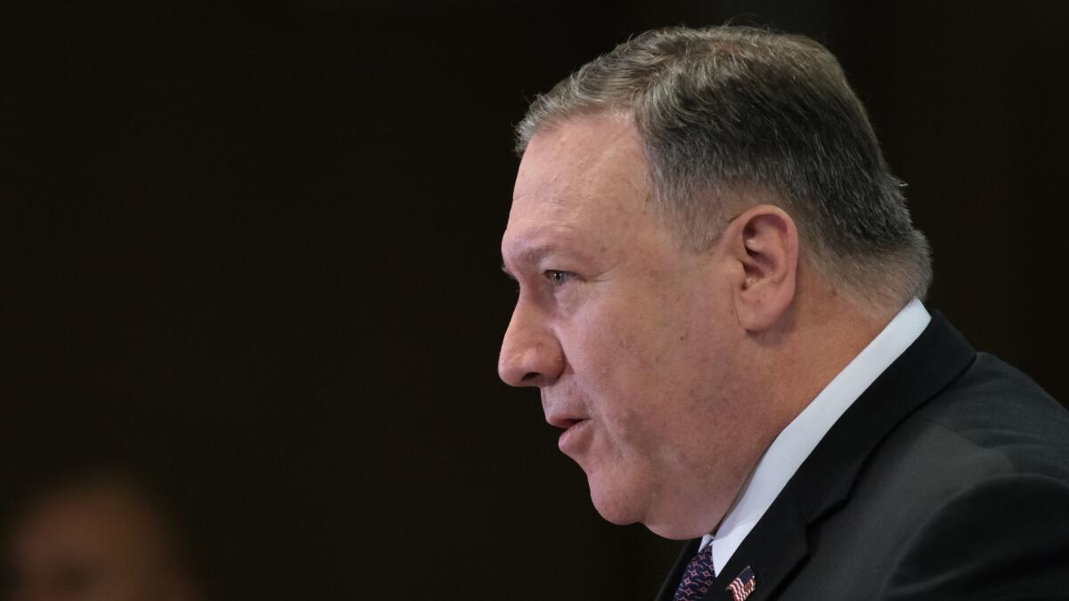 Secretary of State Michael R. Pompeo speaks to the media at the conclusion of a conference on the Middle East in Warsaw on Feb. 14.