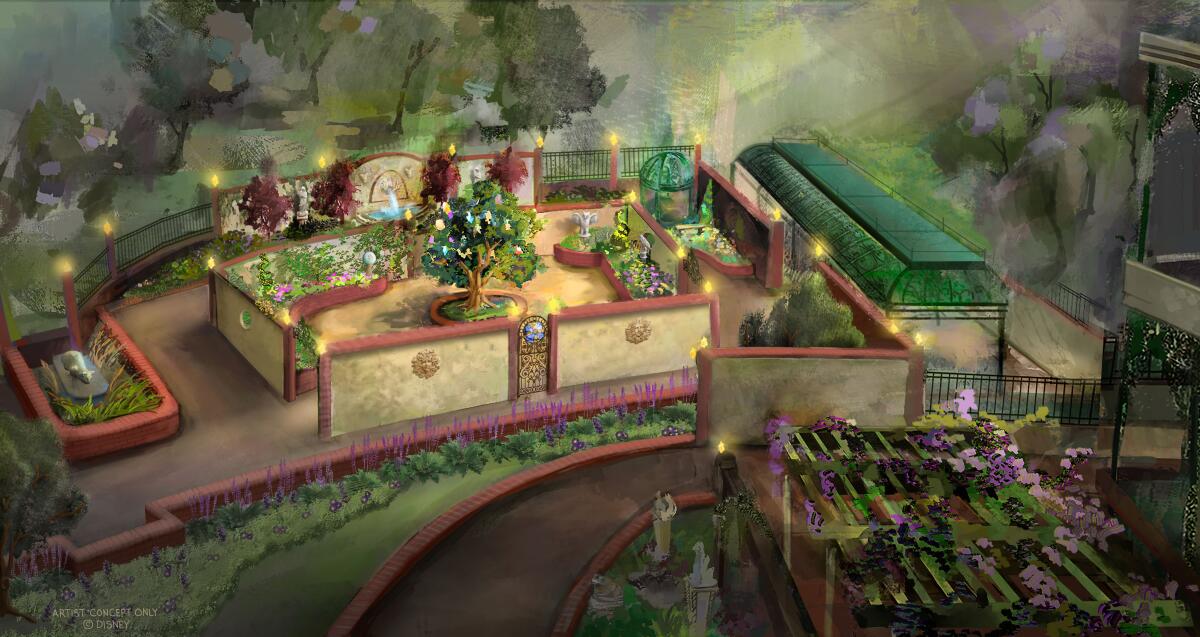 A model of a garden showing the planned Haunted Mansion grounds expansion.