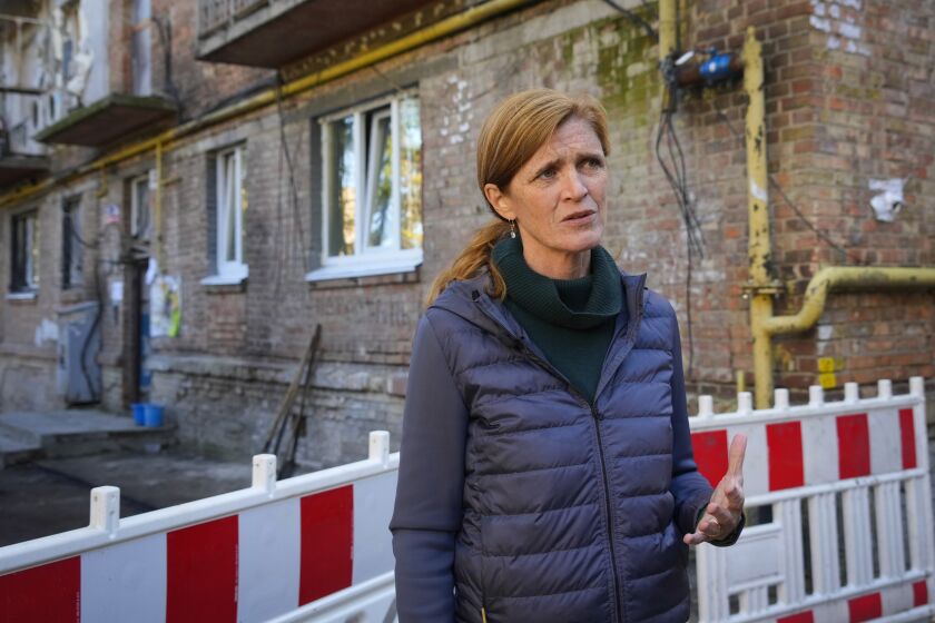 USAID Administrator Samantha Power in Kyiv, Ukraine, Thursday, Oct. 6, 2022. The head of the U.S. Agency for International Development, Samantha Power, traveled to Kyiv to hold meetings with government officials and residents. She said the U.S. would provide an additional $55 million to repair heating pipes and other equipment. (AP Photo/Efrem Lukatsky, Pool)