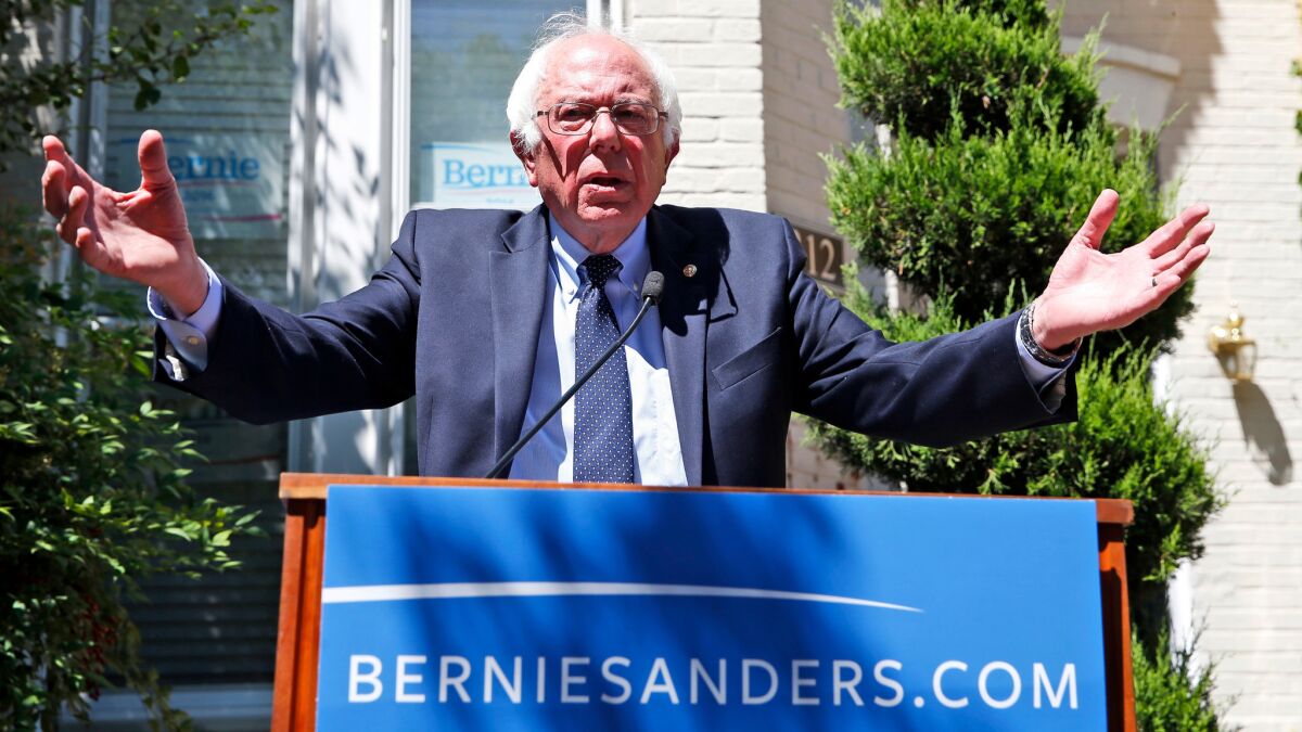 Sen. Bernie Sanders speaks June 14 during a news conference outside his campaign headquarters in Washington.