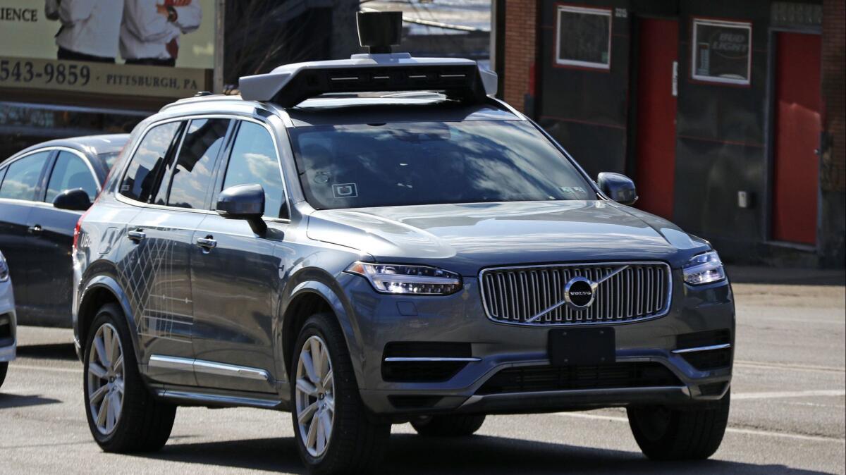 An Uber self-driving Volvo on the road in Pittsburgh in March 2017.