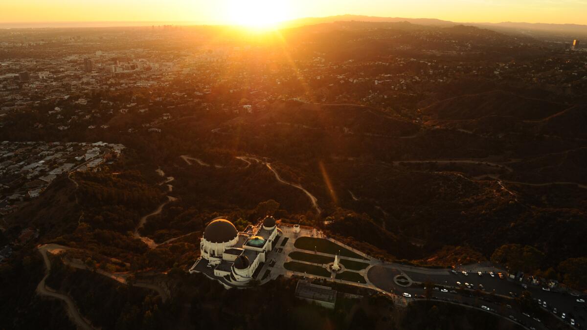 Aerial view of Griffith Observatory and surrounding Griffith Park