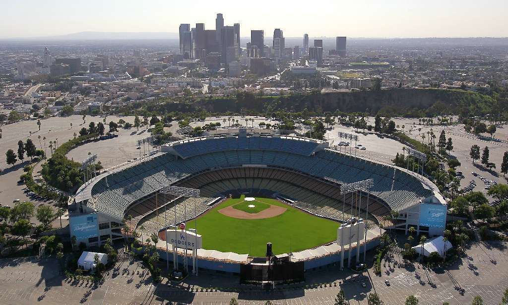 Los Angeles, United States. 28th Mar, 2023. A general overall aerial view  of the MLB Opening Week logo on the infield at Dodger Stadium, Tuesday,  Mar. 28, 2023, in Los Angeles. Photo
