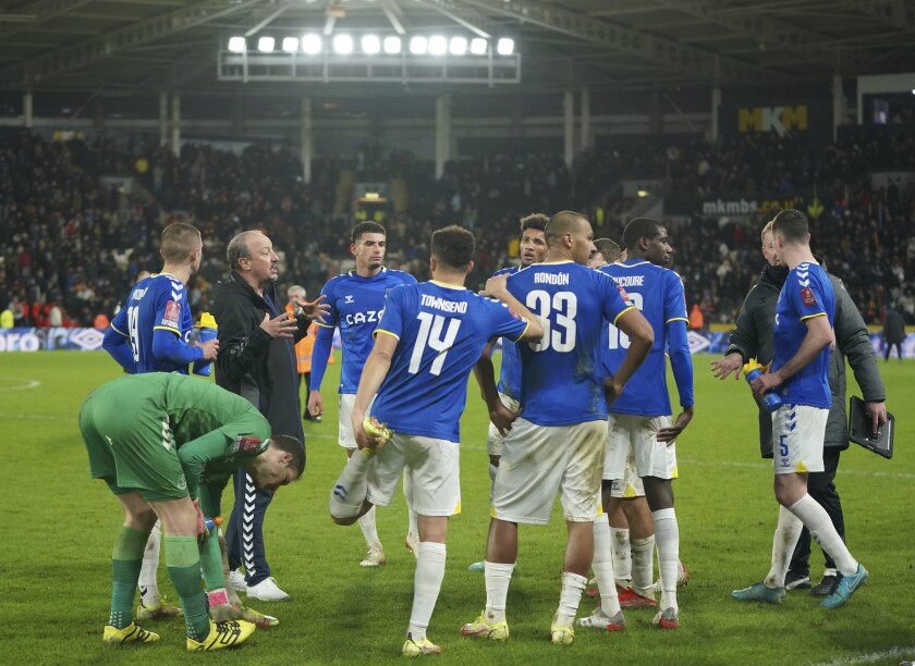 Everton's head coach Rafael Benitez gives instructions during the English FA Cup third round soccer match between Hull City and Everton at the MKM Stadium in Hull, England, Saturday, Jan. 8, 2022. (AP Photo/Jon Super)