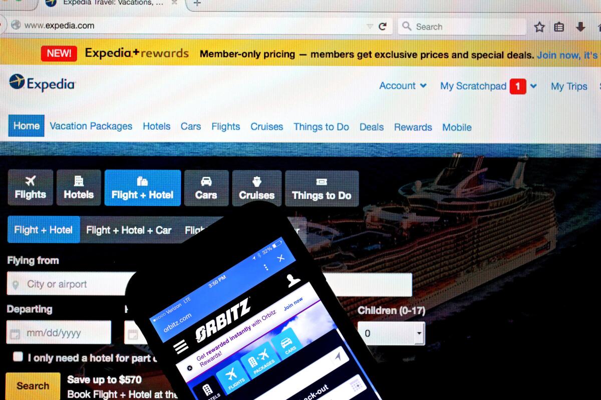 The websites for Expedia and Orbitz Worldwide are seen next to each in a photo illustration. Hotels and online travel sites like Expedia are feuding over the real danger of booking scams.