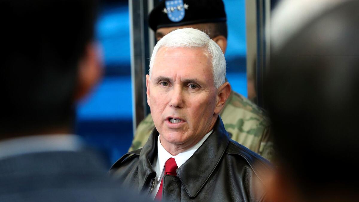 Vice President Mike Pence speaks to the media at the border village of Panmunjom, South Korea, on Monday.