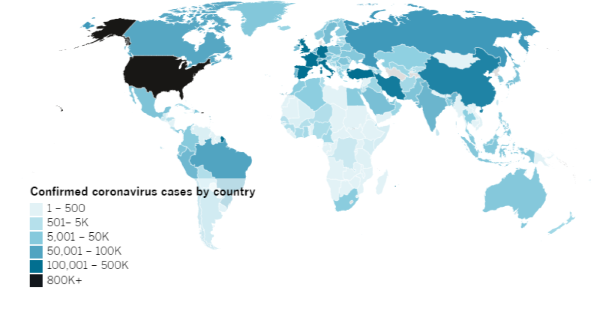 Confirmed COVID-19 cases by country as of 4:30 p.m. PDT Friday, April 24. Click to see the map from Johns Hopkins CSSE.