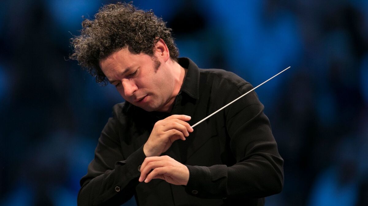 Conductor Gustavo Dudamel, photographed during a Los Angeles Philharmonic concert last month at the Hollywood Bowl.