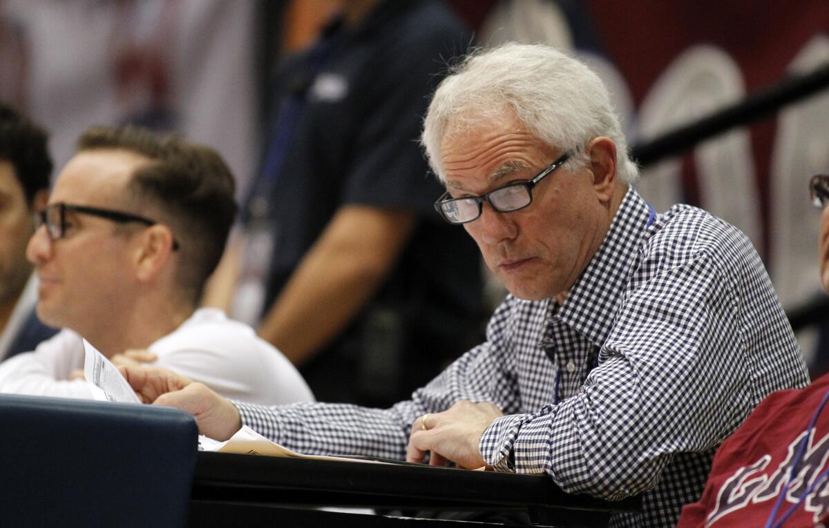 Lakers General Manager Mitch Kupchak attends a college basketball game between Loyola Marymount and Brigham Young on Feb. 7.