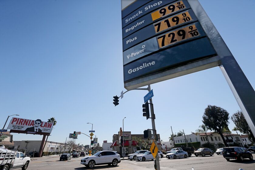 LOS ANGELES, CALIF. - MAR. 7, 2022 The price for super unleaded gasoline reached $7.29 a gallon at this Mid-City Shell station on Monday, Mar. 7, 2022. (Luis Sinco/ Los Angeles Times)
