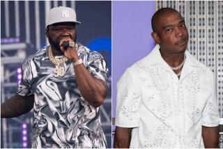 Split: left, 50 Cent wears a silver shirt and grey Yankee hat while sings onstage; right, Ja Rule wears a white shirt