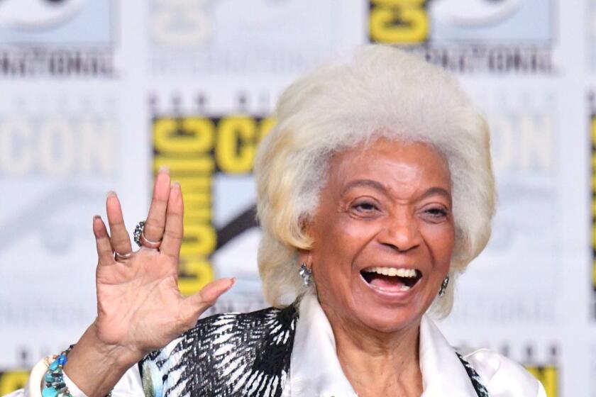 SAN DIEGO, CA - JULY 19: Nichelle Nichols holds an Eisner Award onstage at the "From The Bridge" Panel during Comic-Con International 2018 at San Diego Convention Center on July 19, 2018 in San Diego, California. (Photo by Mike Coppola/Getty Images) ** OUTS - ELSENT, FPG, CM - OUTS * NM, PH, VA if sourced by CT, LA or MoD **