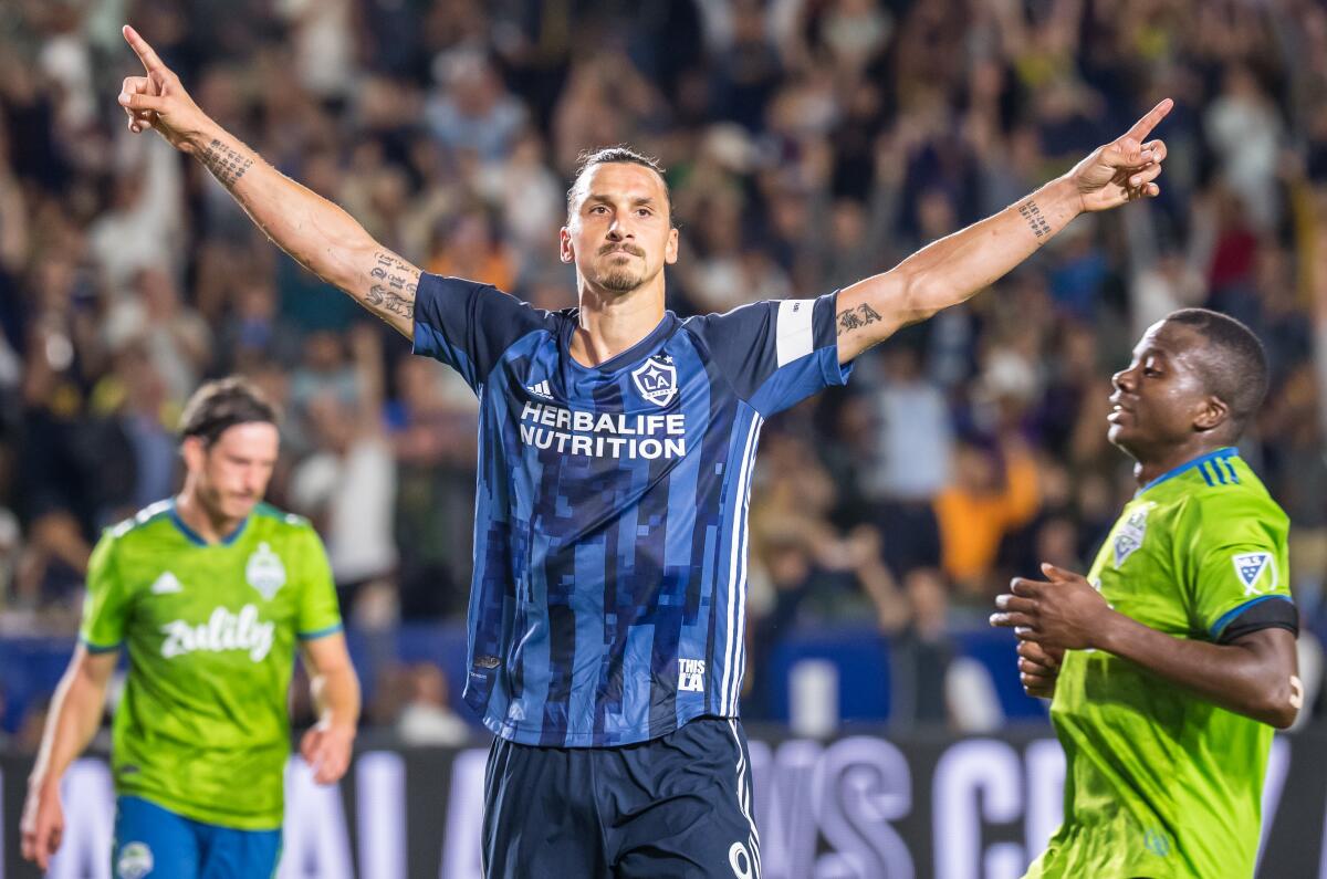 Galaxy star Zlatan Ibrahimovic celebrates after scoring a goal against the Seattle Sounders on Aug. 17.