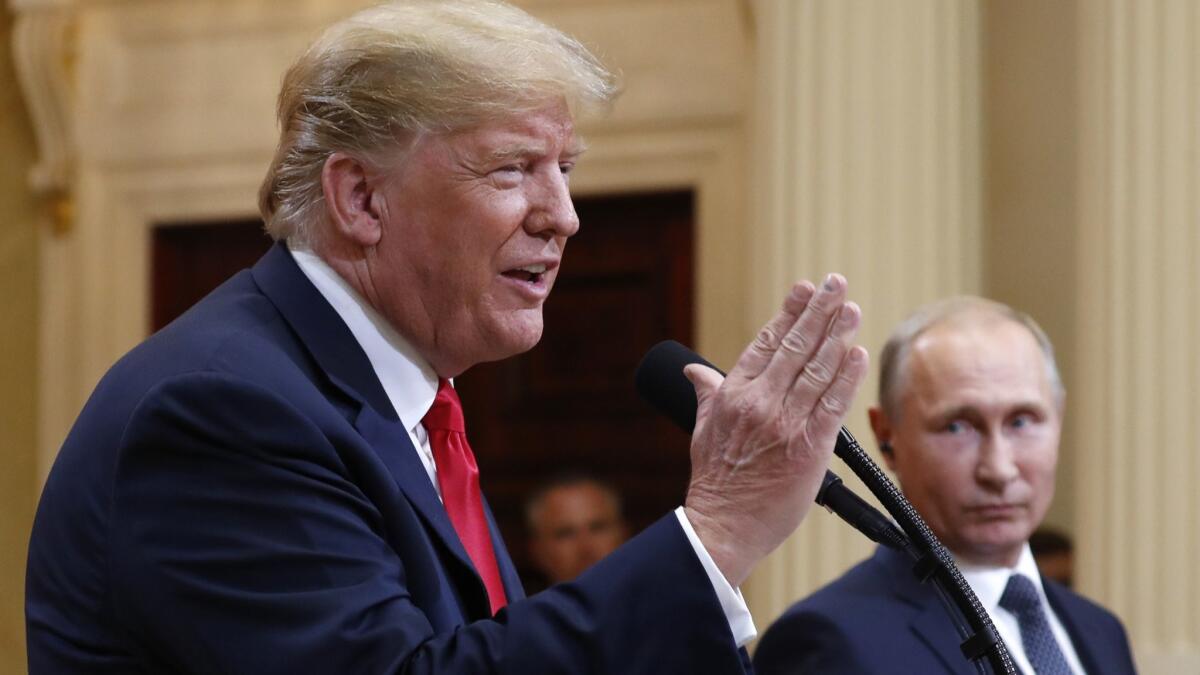 U.S. President Trump and Russian President Vladimir Putin held a joint press conference after meeting at the Presidential Palace in Helsinki, Finland, on Monday.