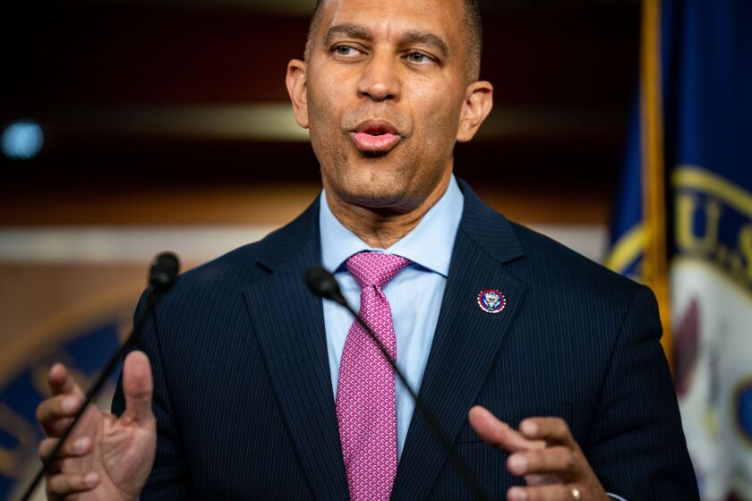 WASHINGTON, DC - NOVEMBER 15: Democratic Caucus Chair Rep. Hakeem Jeffries (D-NY) speaks during a news conference on Capitol Hill on Tuesday, Nov. 15, 2022 in Washington, DC. (Kent Nishimura / Los Angeles Times)