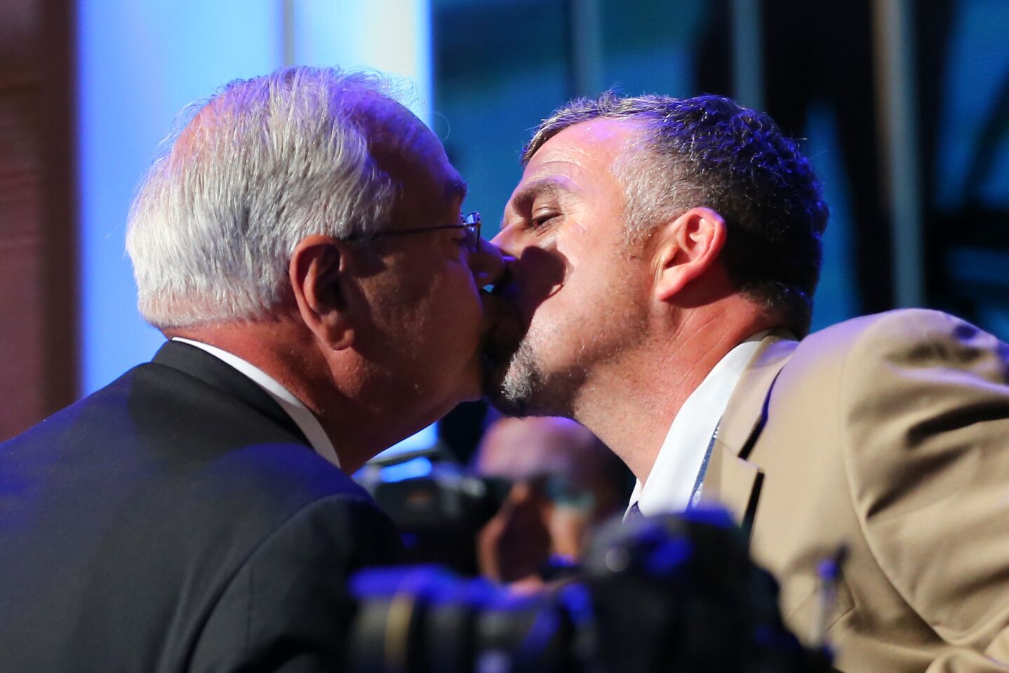 Rep. Barney Frank (D-Mass.) kisses his spouse Jim Ready (R) during the final day of the Democratic National Convention in Charlotte, N.C.