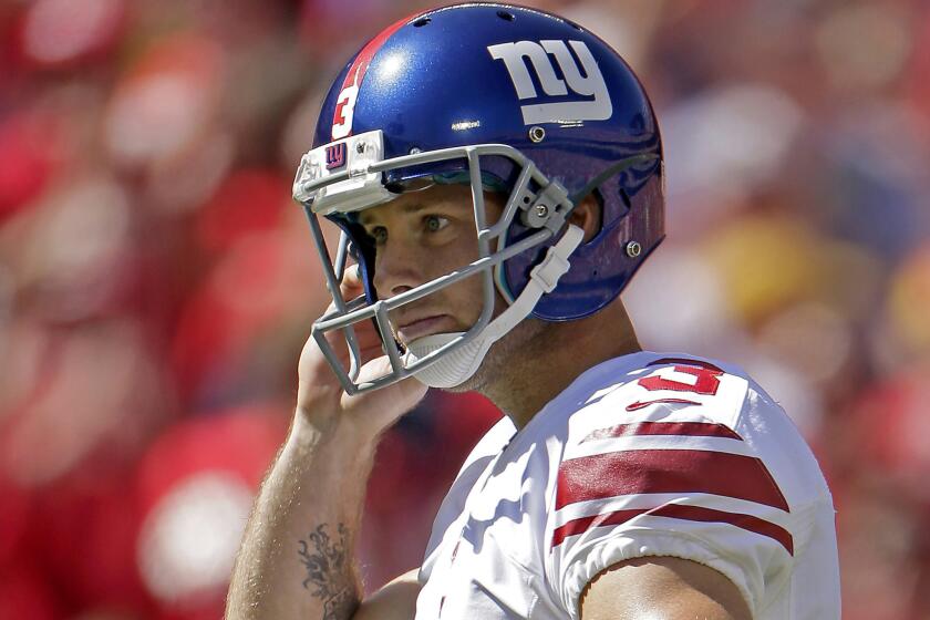 Giants kicker Josh Brown reacts after missing a field goal during a game against the Kansas City Chiefs in 2013.