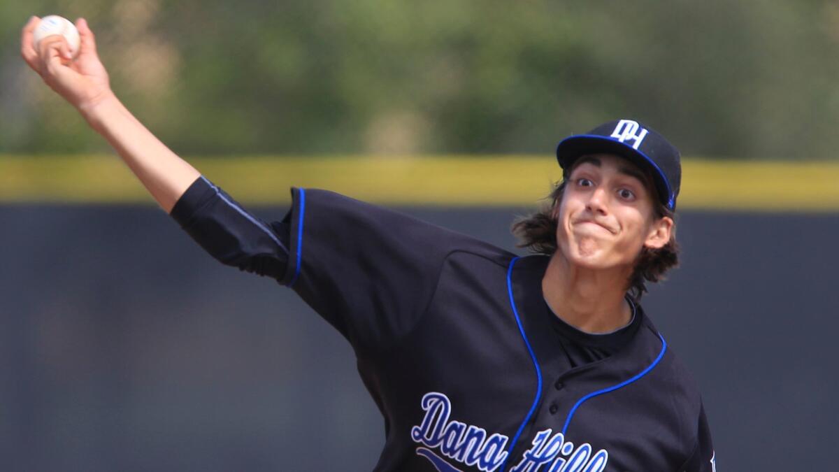 Hans Crouse pitches for Dana Hills in May 2016.