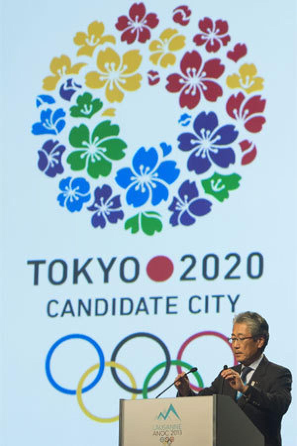 Tsunekazu Takeda, president of Tokyo 2020 organization, speaks during the presentation of the candidate cities for the 2020 Olympic Games during the Association of National Olympic Committees Extraordinary General Assembly at the Beaulieu Congress Hall, in Lausanne, Switzerland, on June 15.