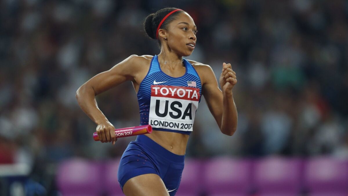 Allyson Felix competes in the women's 400-meter relay at the world championships in London in August 2017. Felix recently spoke out in support of female athletes who weren't guaranteed salaries from Nike after pregnancy.