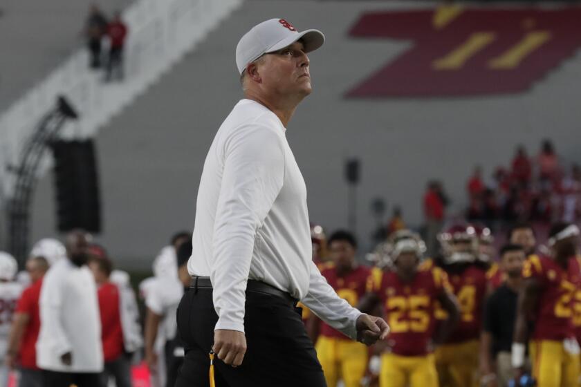 LOS ANGELES, CA, SATURDAY, AUGUST 31, 2019 - USC head coach Clay Helton on the sidelines during a game against Fresno State at the Coliseum. (Robert Gauthier/Los Angeles Times)