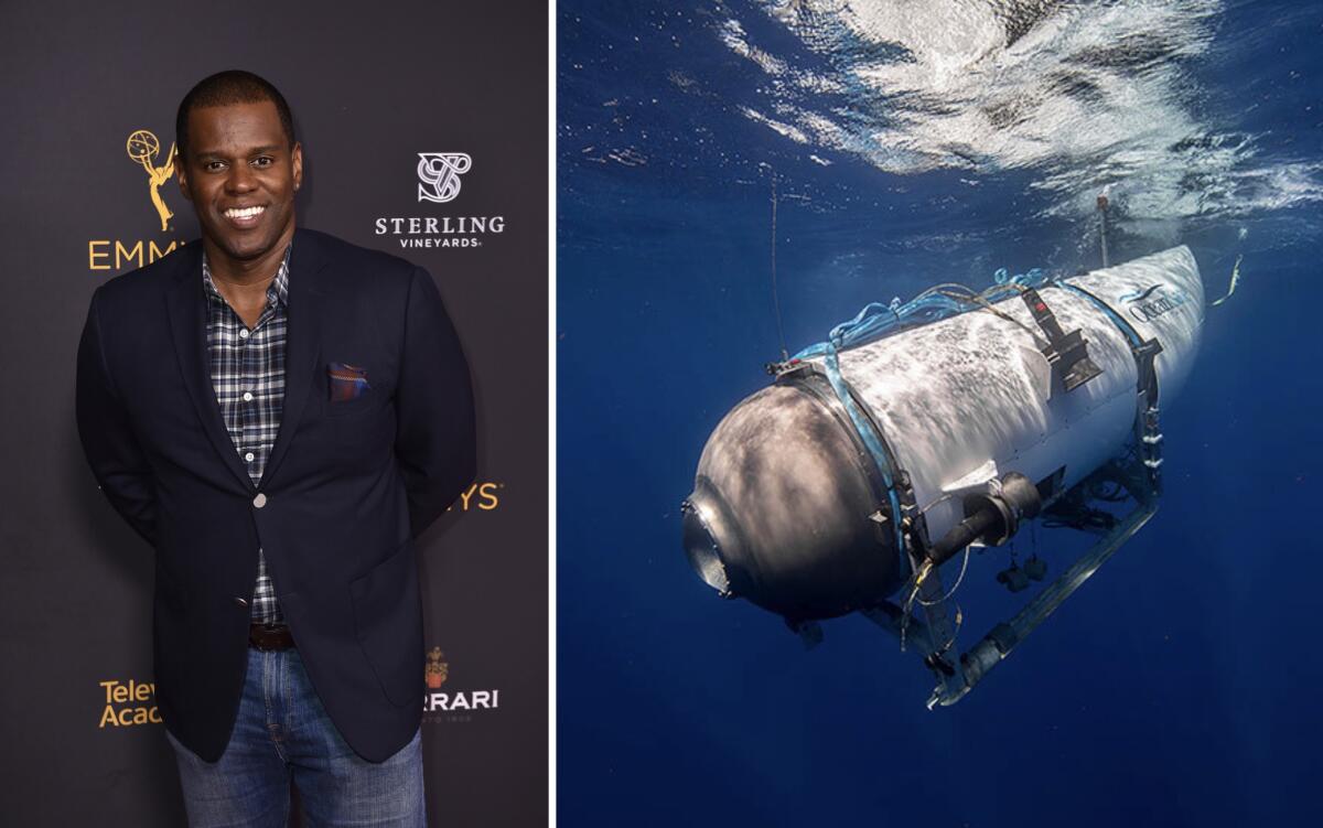 Separate pictures of E. Brian Dobbins in a flannel shirt and navy blazer and the OceanGate submersible diving underwater
