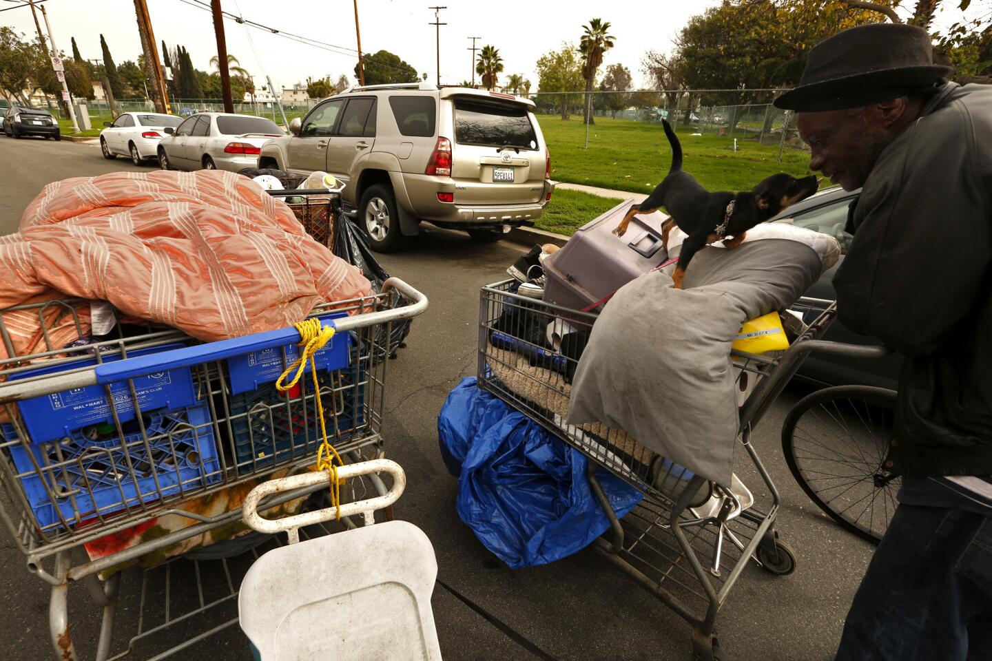 Ricky Riller, 59, gets a lick from his dog Roxanne while moving his belongings in shopping carts before sanitation workers sweep the homeless encampments in the Manchester Square neighborhood in Los Angeles.
