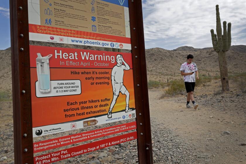ARCHIVO - Un caminante termina su caminata matutina en South Mountain Preserve para adelantarse a las altas temperaturas, el 11 de julio de 2019, en Phoenix. (AP Foto/Matt York, Archivo)