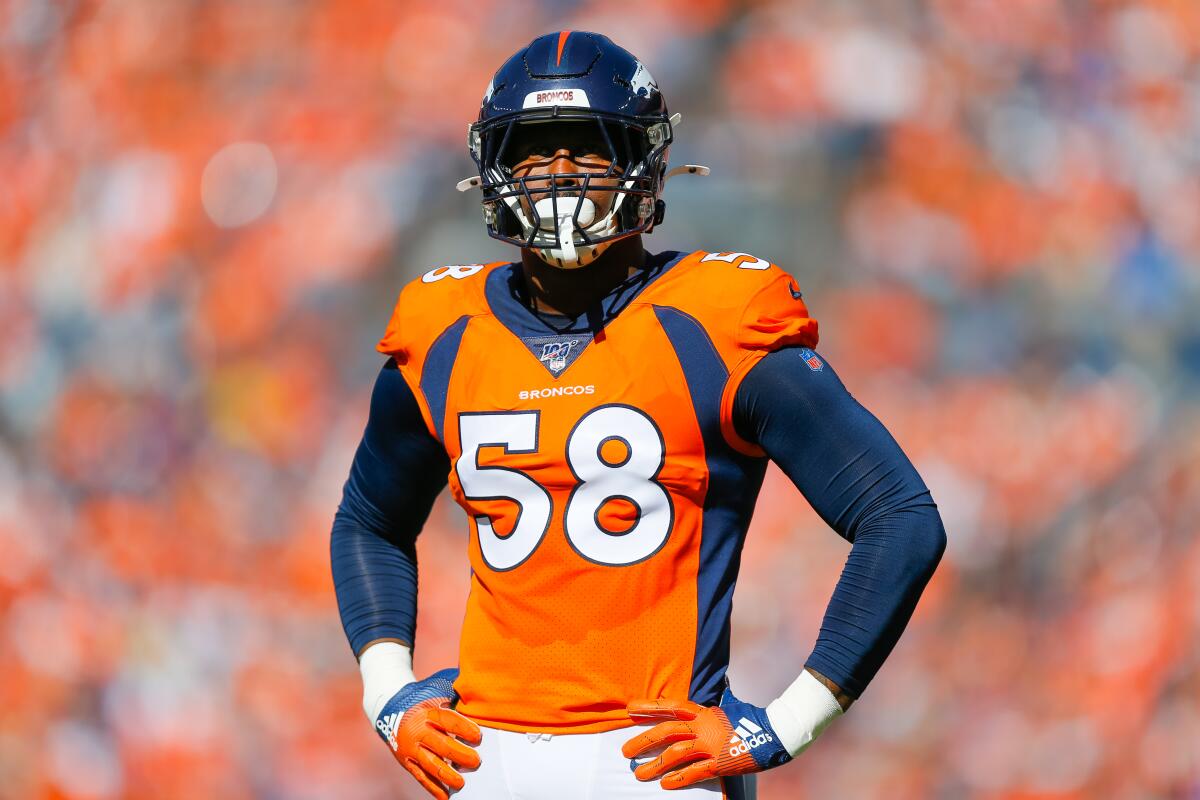 Broncos pass rusher Von Miller takes a rest during a game against the Jaguars on Sept. 29, 2019.