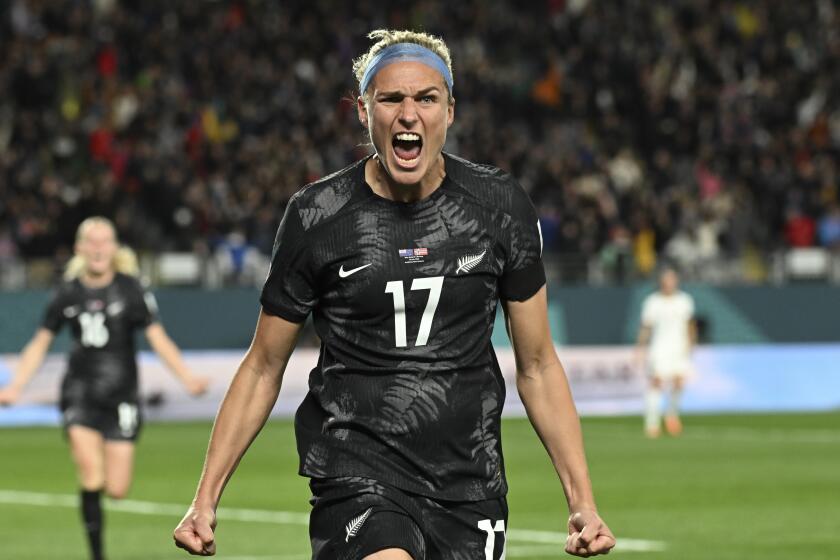 New Zealand's Hannah Wilkinson celebrates after scoring the opening goal during the Women's World Cup soccer.