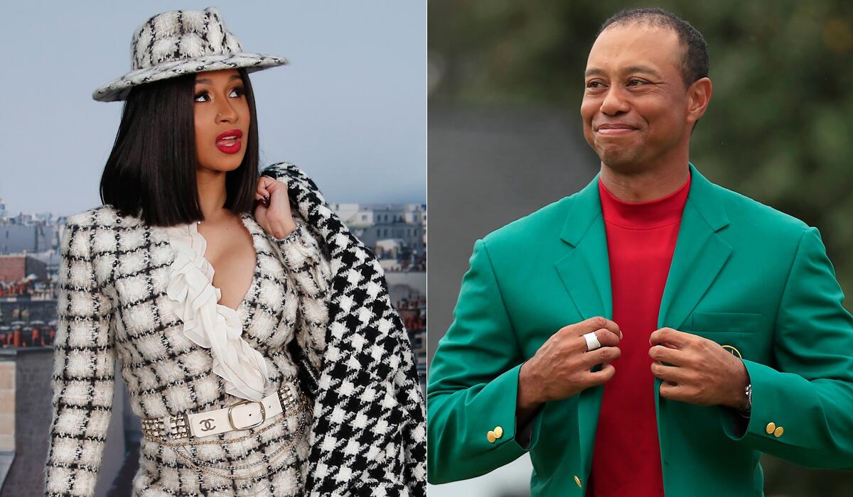 Rapper Cardi B, left, says she was inspired to name her next album "Tiger Woods" after the golfer's Masters championship in May.