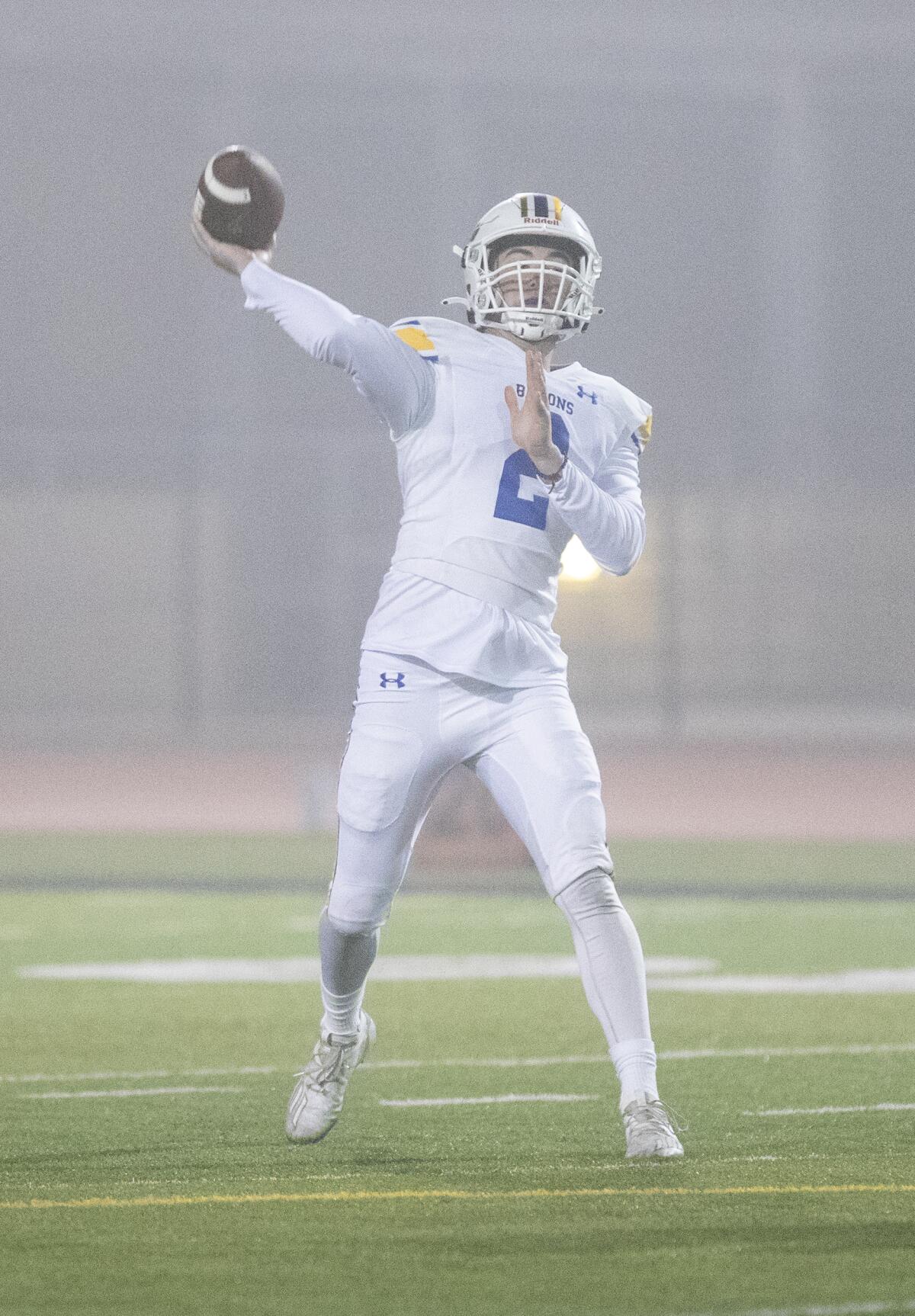 Fountain Valley's Jimmy Russell throws against Huntington Beach on Friday.
