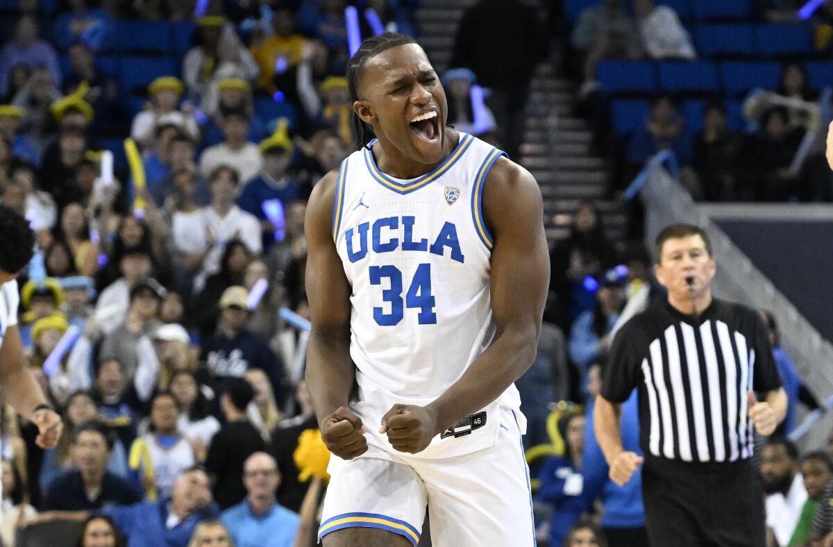 UCLA guard David Singleton celebrates in the second quarter while playing against Oregon.