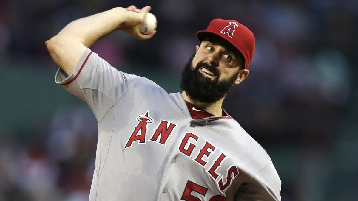 Angels starter Matt Shoemaker delivers a pitch against the Boston Red Sox on Aug. 21. Shoemaker went 6-1 in August for the Angels.