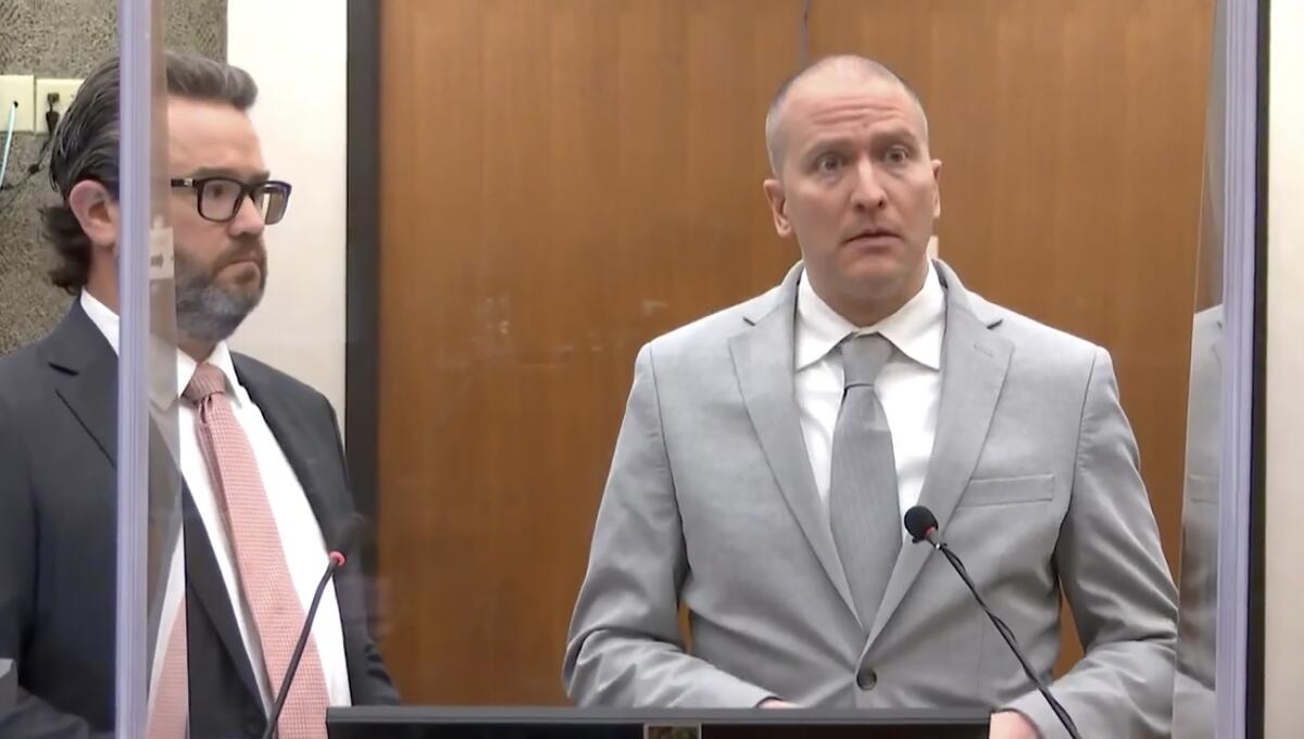 Former Minneapolis police Officer Derek Chauvin addresses the court before being sentenced to prison on June 25.