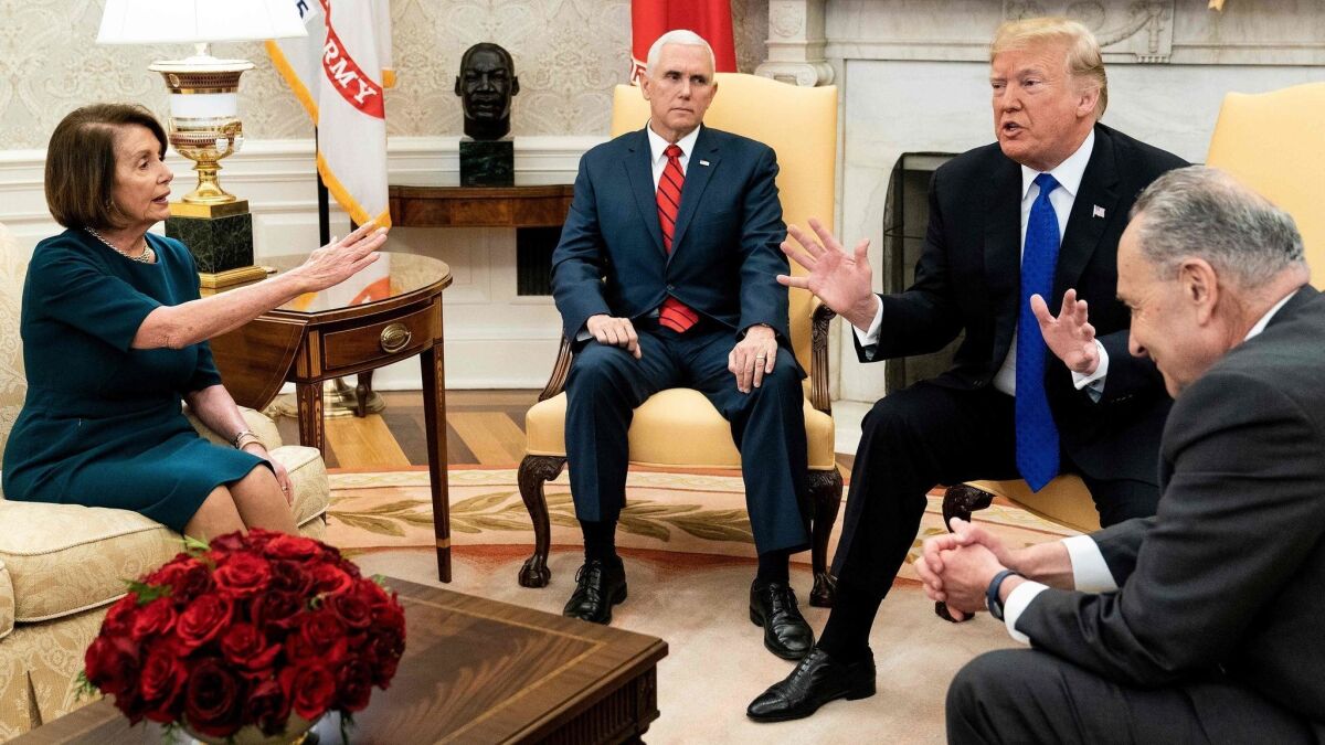 House Speaker Nancy Pelosi meets with Vice President Mike Pence, from left, President Trump and Senate Minority Leader Charles E. Schumer at the White House about the then-impending government shutdown on Dec. 11, 2018.